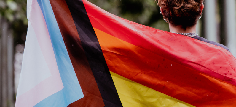A person with short, red curly hair facing backwards holding up a progress pride flag.