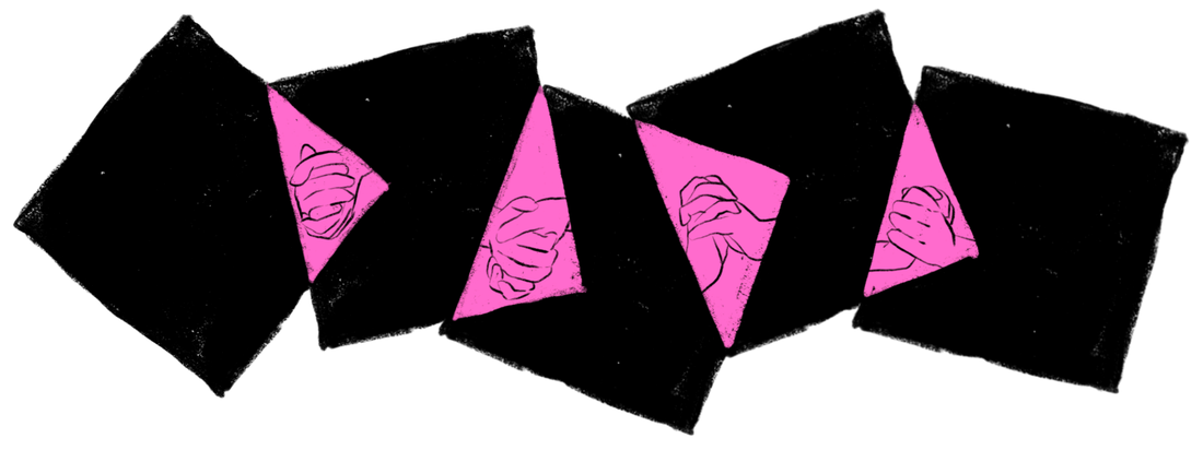 The Queer Development Lab square logo. Five horizontally overlapping squares with black and pink coloring, and black drawings of hands in between each square.